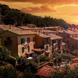 Sunset over medieval Cortona in Tuscany.