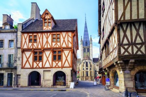 Tower of the Notre-Dame of Dijon church in the old town of Dijon, Burgundy, France