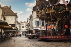 The center of Dijon, France, on a cooking vacation in Burgundy.