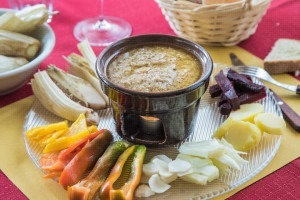 Traditional Piedmontese bagna cauda served with vegetables.