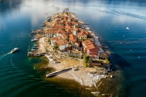 Aerial view of Fishermens Island or Isola dei Pescatori at Lake Maggiore, Italy