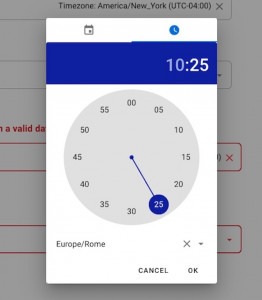 Selecting flight time while filling out the passenger locator form. 