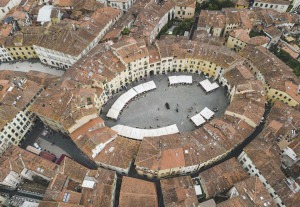 The distinctive main square in Lucca, Italy.