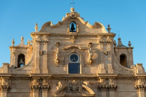 Detail of the baroque facade of the Church of St. Ignatius of Loyola (Sant’Ignazio). Scicli, Ragusa, Sicily island, Italy.