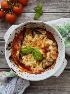 An individual portion of Eggplant Parmesan