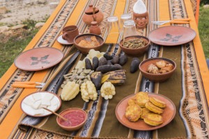 Typical food served at the table at Isla del Sol, lake Titicaca, Bolivia.