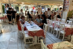 Enjoying a lunch in the shade in Athens. 