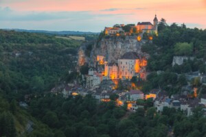 Sunset on the medieval village of Rocamadour, France.