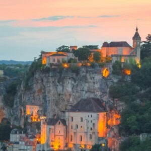 Beautiful sunset on the medieval village of Rocamadour, France.