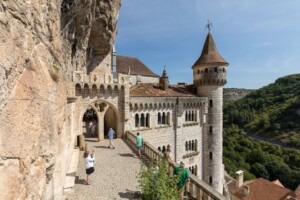 Stone walls of historic Basilica of St-Sauveur in Rocamadour, France.