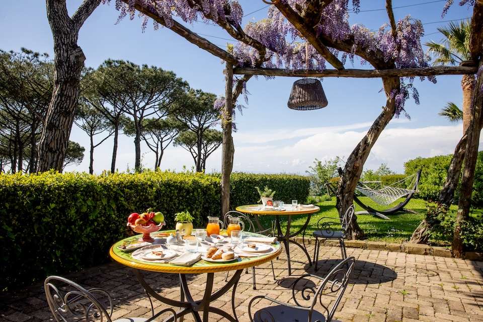 Image for Having breakfast outdoors under the wisteria.