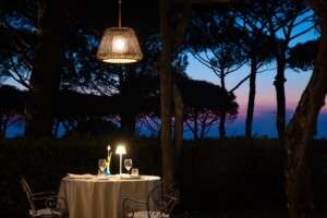 Dining outdoors at sunset.
