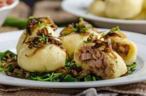 Czech potato dumplings stuffed with smoked meat